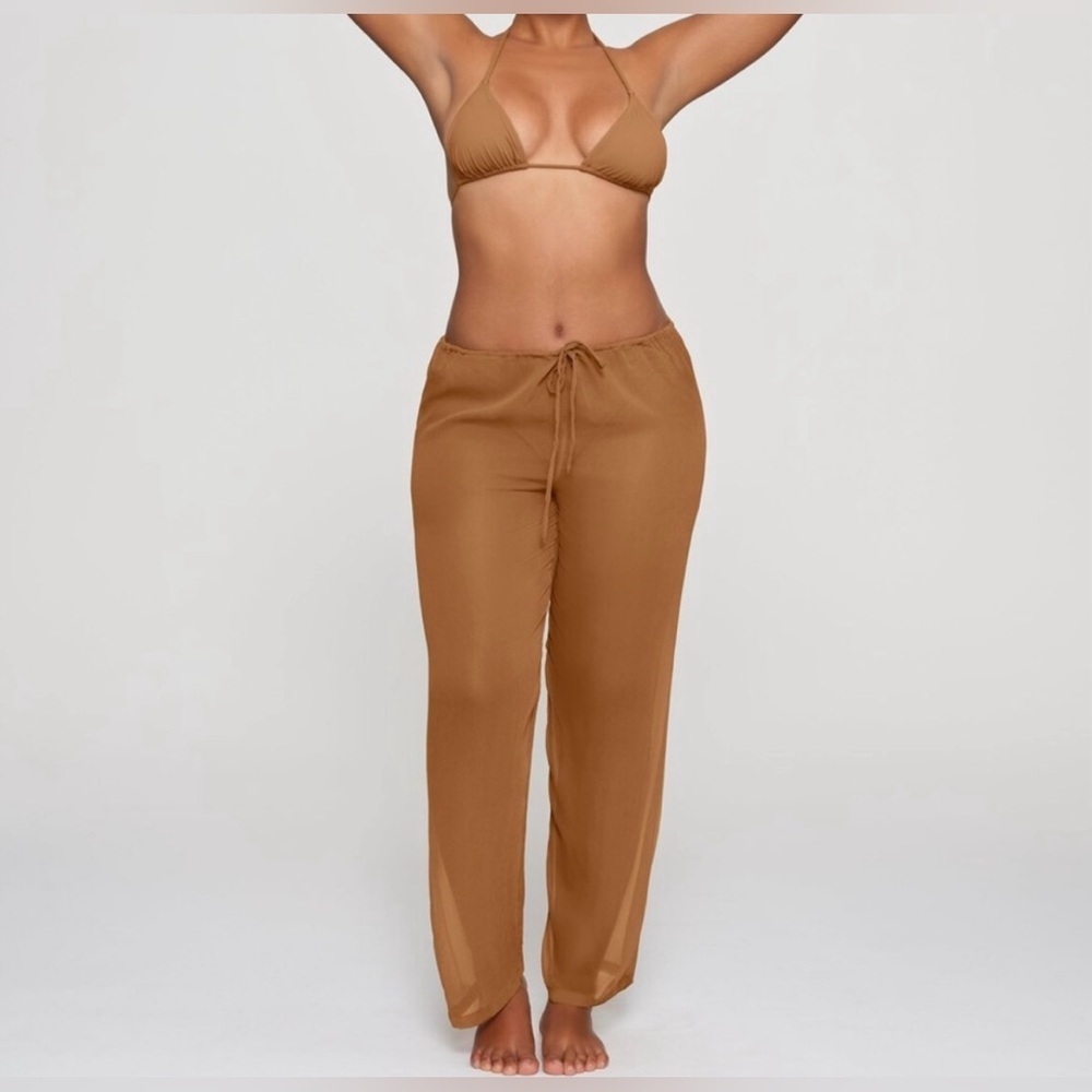 SKIMS 3X Swimwear Crinkle Silk Coverup Pants in Almond Color Sheer Pullon lounge - Picture 2 of 10